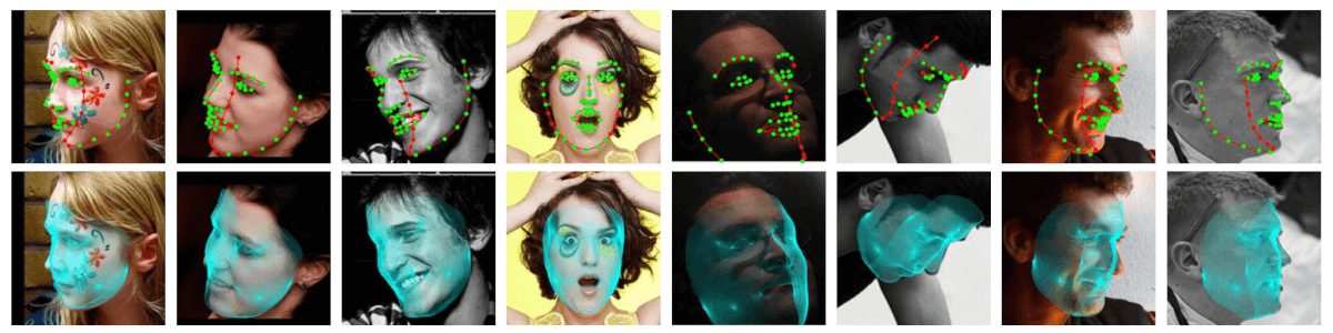 2D face alignment results. Invisible landmarks are marked as red. The technique can well handle extreme pose, lighting, and expression