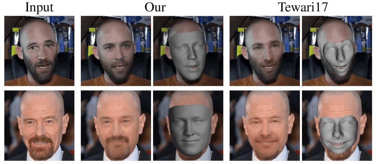 3D reconstruction results comparison to Tewari et al. This result shows that the proposed method overcomes the problem of face shrinking when dealing with a different texture (like facial hair)