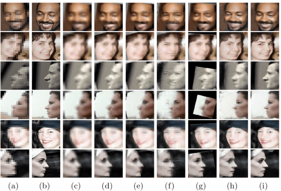 Comparisons with the state-of-the-art methods: (a) Unaligned LR image; (b) HR image; (c) Bicubic interpolation; (d) VDSR; (e) SRGAN; (f) Ma et al.’s method; (g) CBN; (h) TDAE; (i) Suggested approach