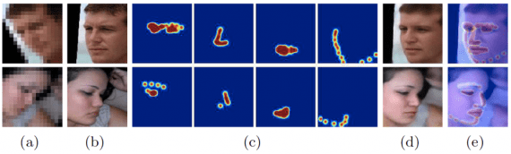 Visualization of estimated facial component heatmaps: (a) Unaligned LR image; (b) HR image; (c) Heatmaps; (d) Result; (e) The estimated heatmaps overlying the results