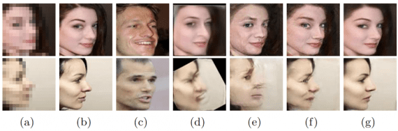 (a) LR image; (b) HR image; (c) Nearest Neighbors; (d) CBN, (e) TDAE, (f) TDAE trained on better dataset, (g) suggested approach