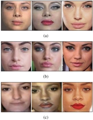 Examples of images in the MIFS dataset after cropping: before makeup – after makeup – target identity