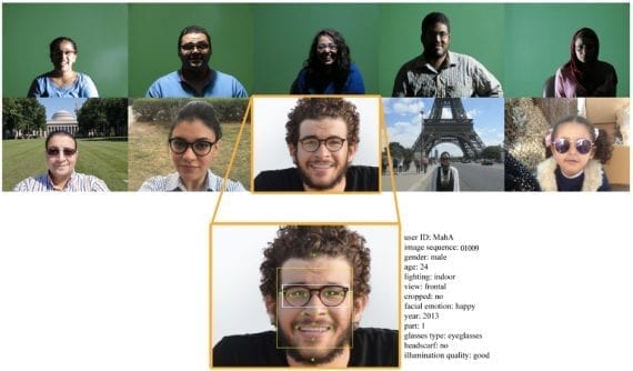 Samples from SoF dataset: metadata for each image includes 17 facial landmarks, a glass rectangle, and a face rectangle