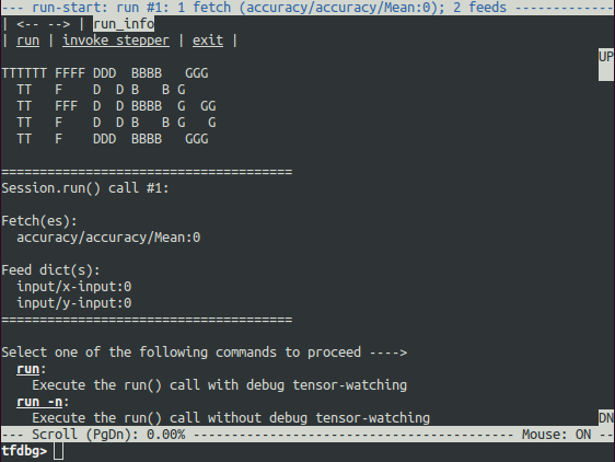 Terminal interface of tfdbg, the TensorFlow 1.x debugger