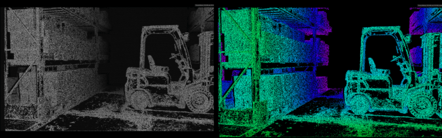 Depth sensor simulation output showing realistic noise patterns