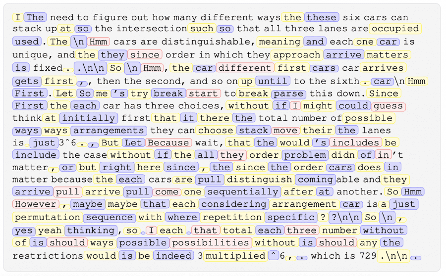Пример траектории рассуждения с выделенными фазами консенсуса и исследования, где разные цвета показывают различные семплированные токены