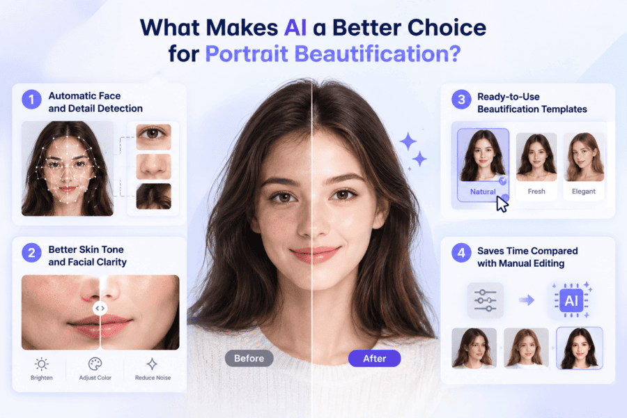 AI portrait beautification before and after