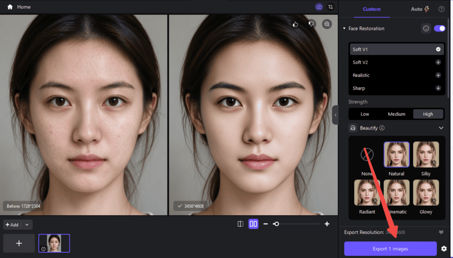 Export the enhanced portrait photo after using Portrait Beautify