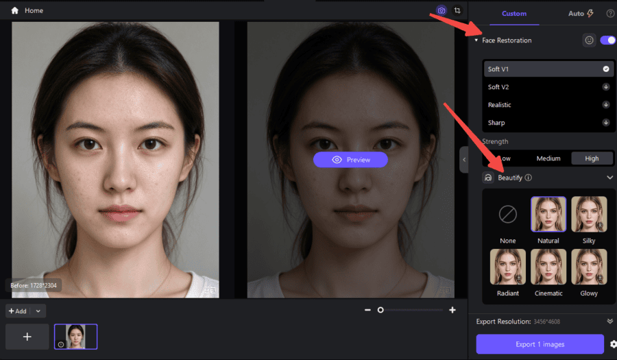 Select a Portrait Beautify template in HitPaw FotorPea