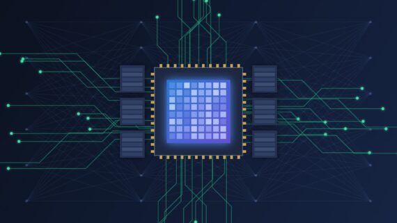 Illustration of a GPU chip with memory stacks and circuit traces