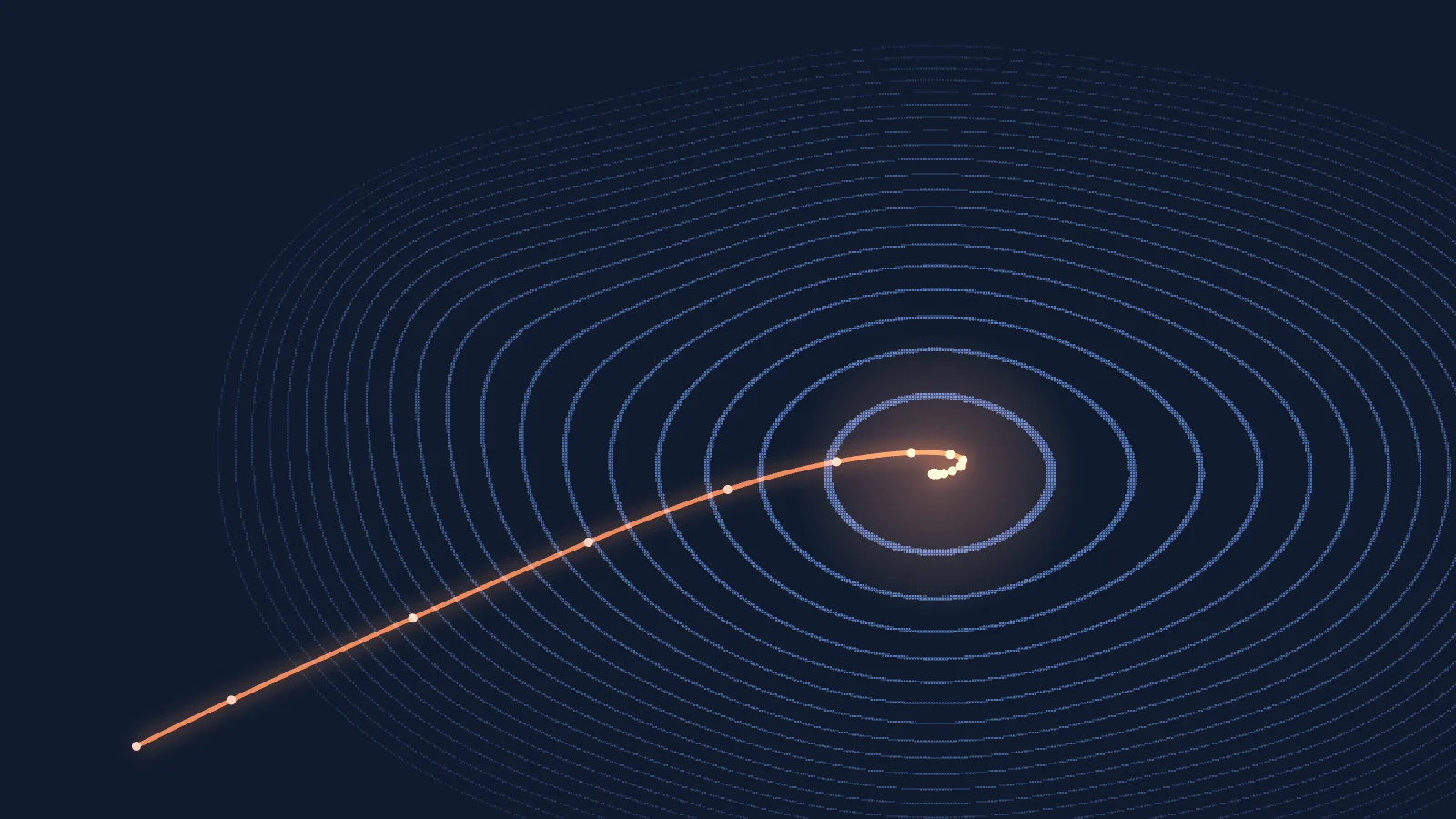 Abstract illustration of a glowing optimization path descending through contour lines to a minimum