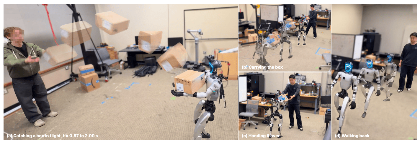 Гуманоидный робот Unitree G1 ловит брошенную человеком коробку в полёте, несёт её, передаёт человеку и возвращается обратно